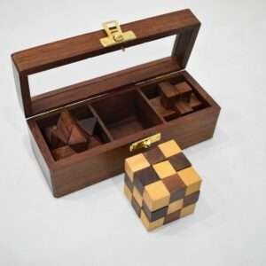 Wooden Puzzle Box with 3 Puzzles.