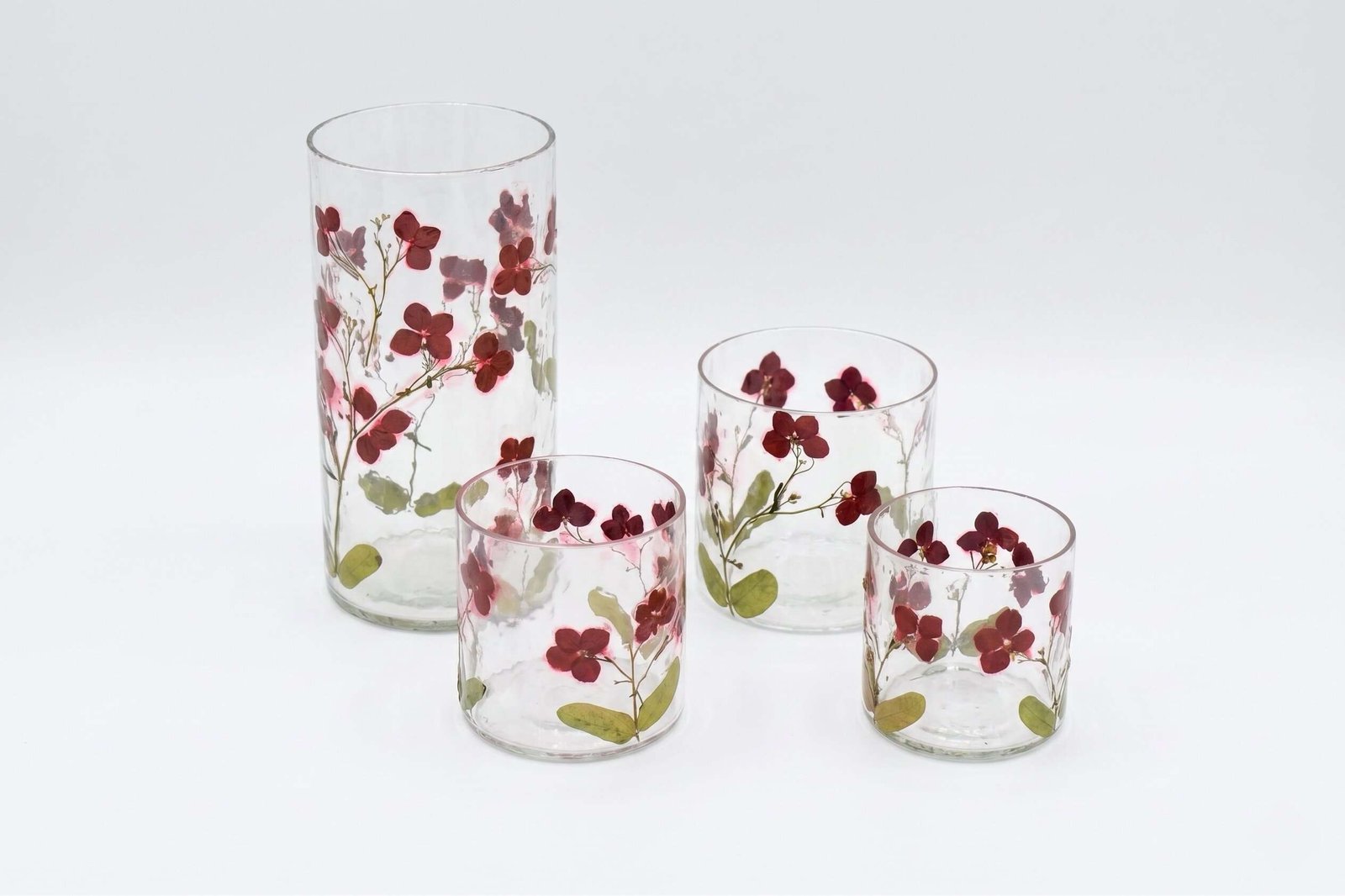 Glass Votive Set of 4 with flowers enameled